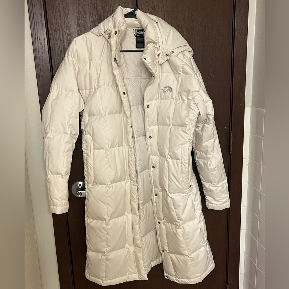 The North Face hooded white puffer jacket